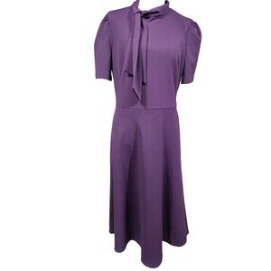 London Style Collection Luxe Plum Tie Neck Midi Dress Purple Pockets Size 8 NEW